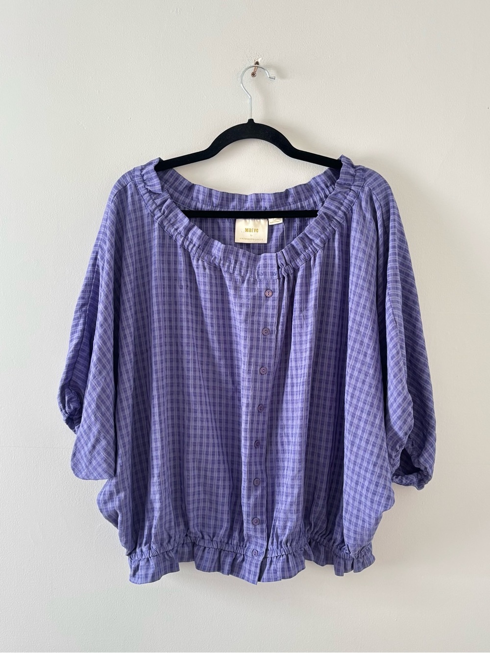 Maeve NWT Off The Shoulder Top Wide Neck Gingham Print Puff Sleeve Anthropologie